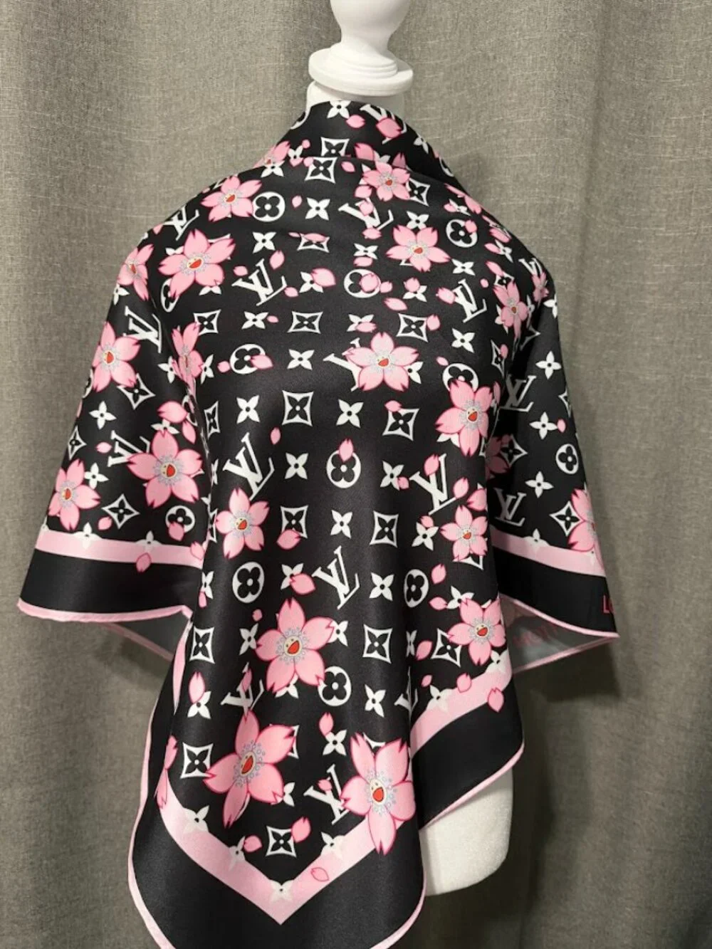 Black Pink Floral Monogram 100% Silk Scarf 35x35 Large Square